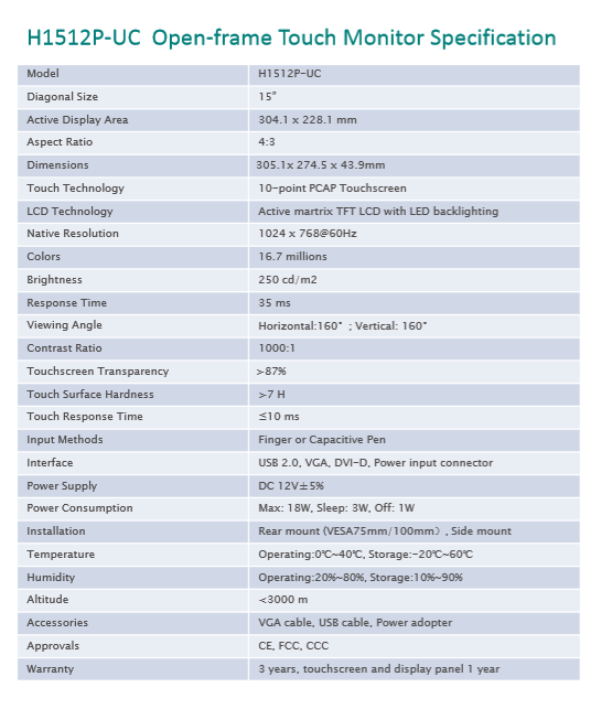 H1512P-UC  Open-frame Touch Monitor Specification 