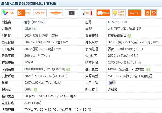 G150XNE-L01主要参数