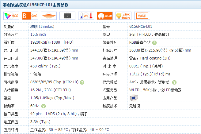 群创液晶模组G156HCE-L01主要参数