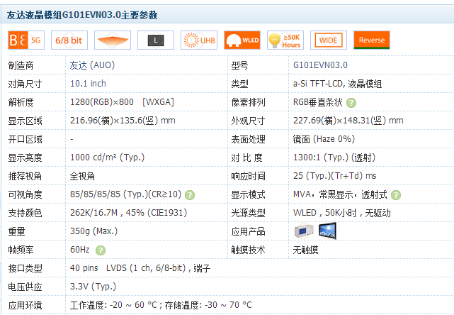 G101EVN03.0主要参数