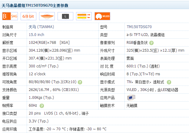 天马液晶模组TM150TDSG70主要参数