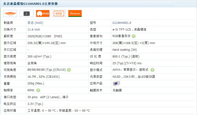 友达液晶模组G116HAN01.0主要参数